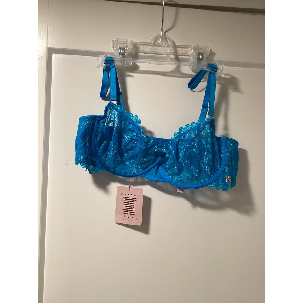 Savage X Fenty Wildflower Blue Metallic Lace Balconette Bra 36C SXF-B0383